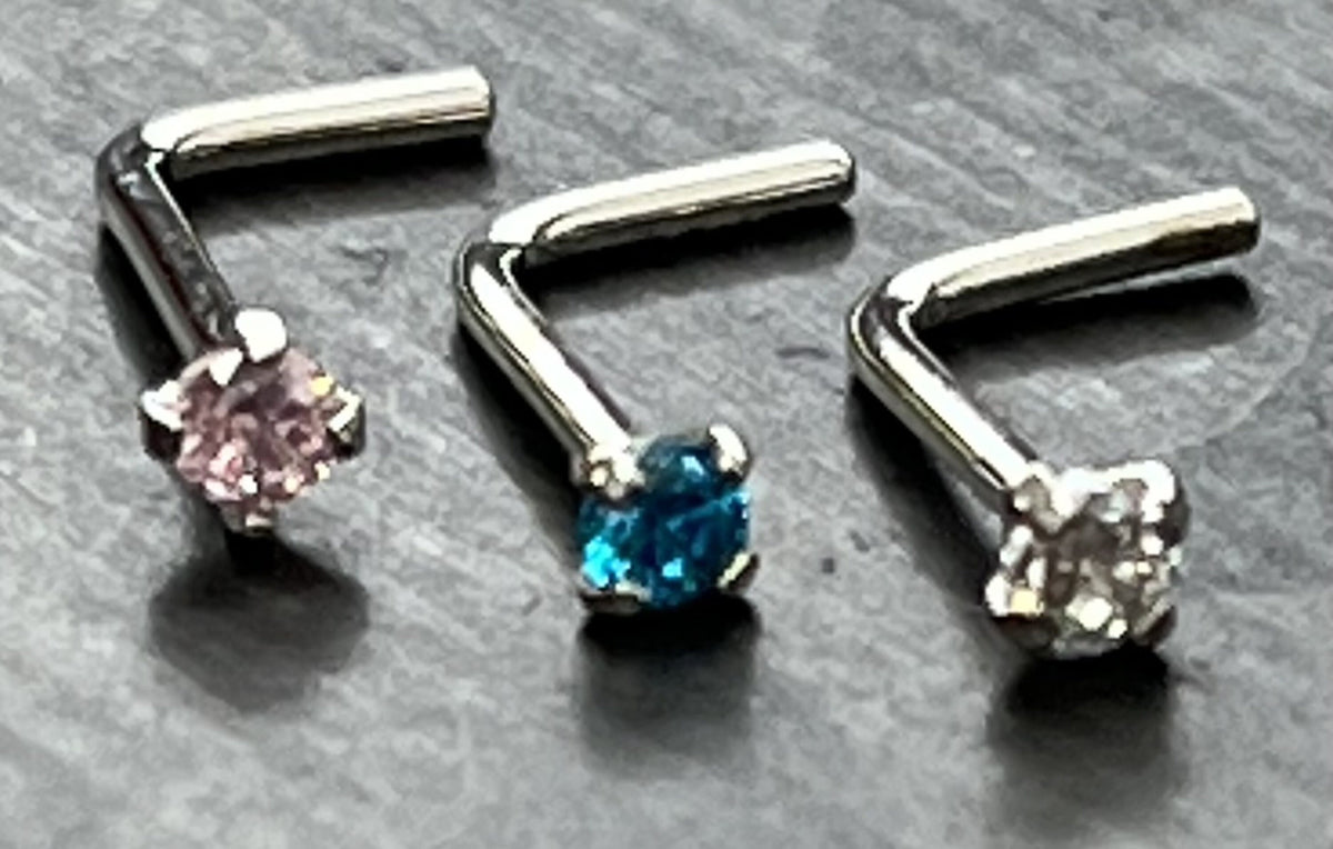 1 Piece Brilliant 14kt Yellow or White Gold L-Bend Nose Ring/ Stud with Round CZ Gem - 20g - Aqua, Clear and Pink Available!