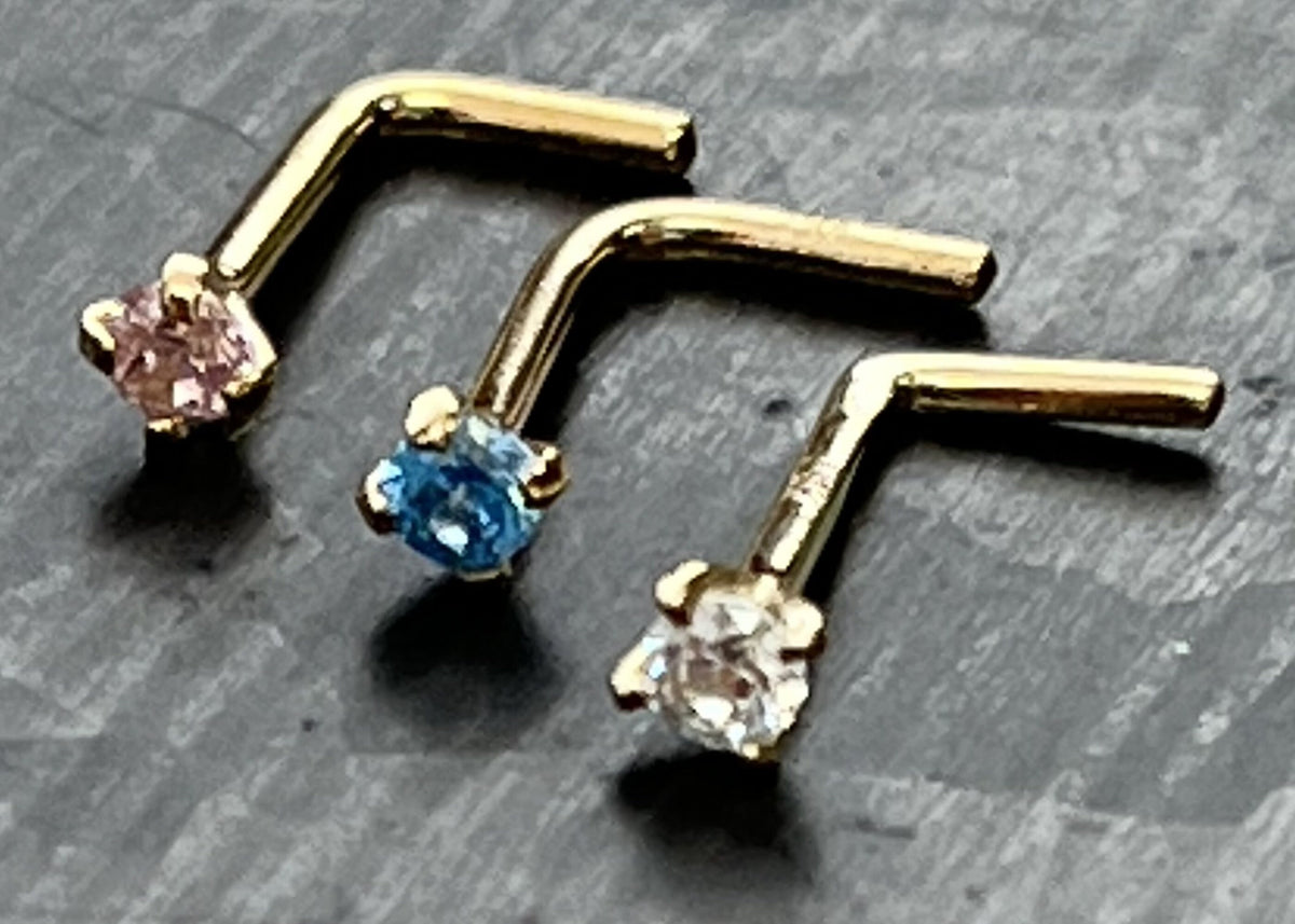 1 Piece Brilliant 14kt Yellow or White Gold L-Bend Nose Ring/ Stud with Round CZ Gem - 20g - Aqua, Clear and Pink Available!