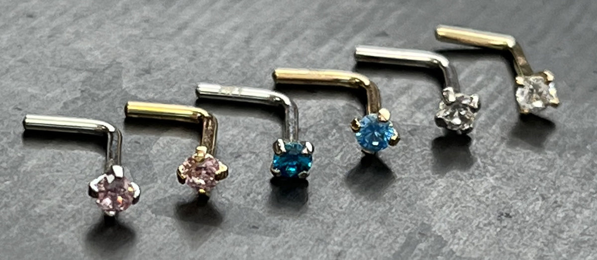 1 Piece Brilliant 14kt Yellow or White Gold L-Bend Nose Ring/ Stud with Round CZ Gem - 20g - Aqua, Clear and Pink Available!