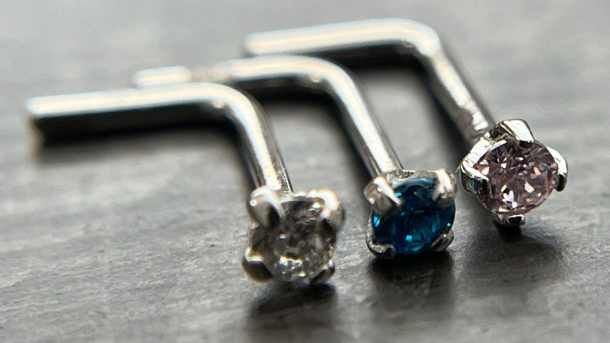 1 Piece Brilliant 14kt Yellow or White Gold L-Bend Nose Ring/ Stud with Round CZ Gem - 20g - Aqua, Clear and Pink Available!