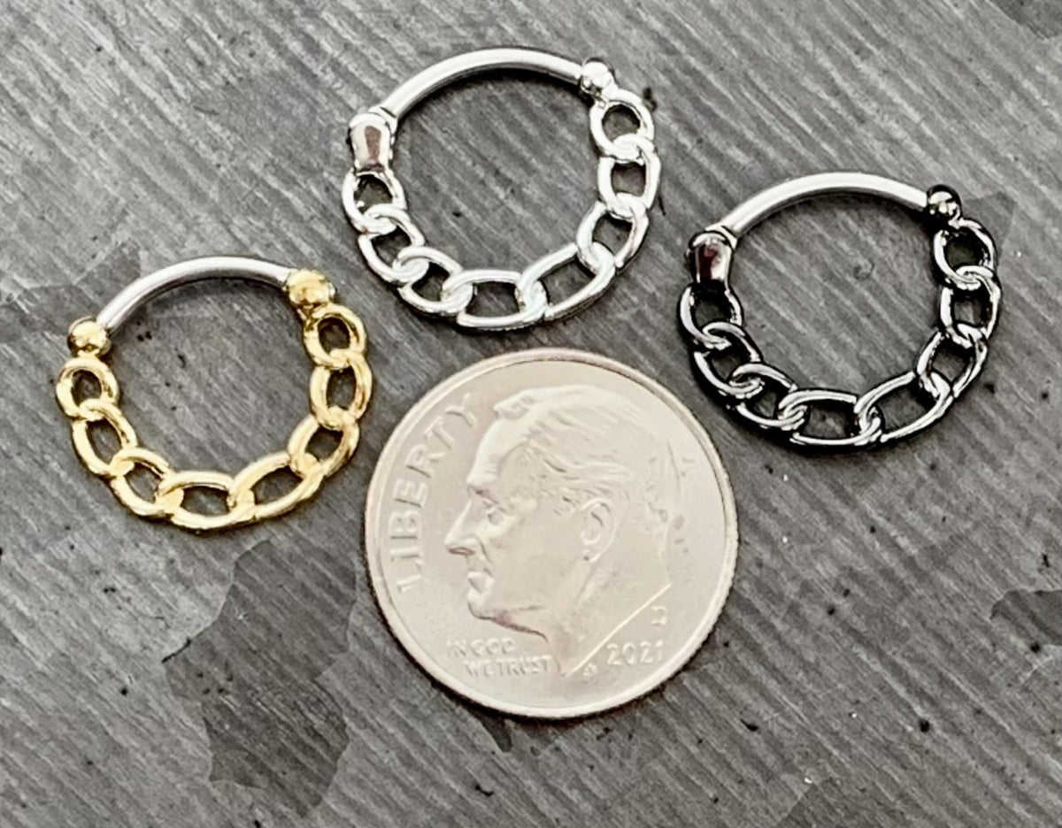 1 Piece Unique Chain Surgical Steel Septum Clicker Nose Ring - 16g - Steel, Gold Plated and Hematite Plated Available!