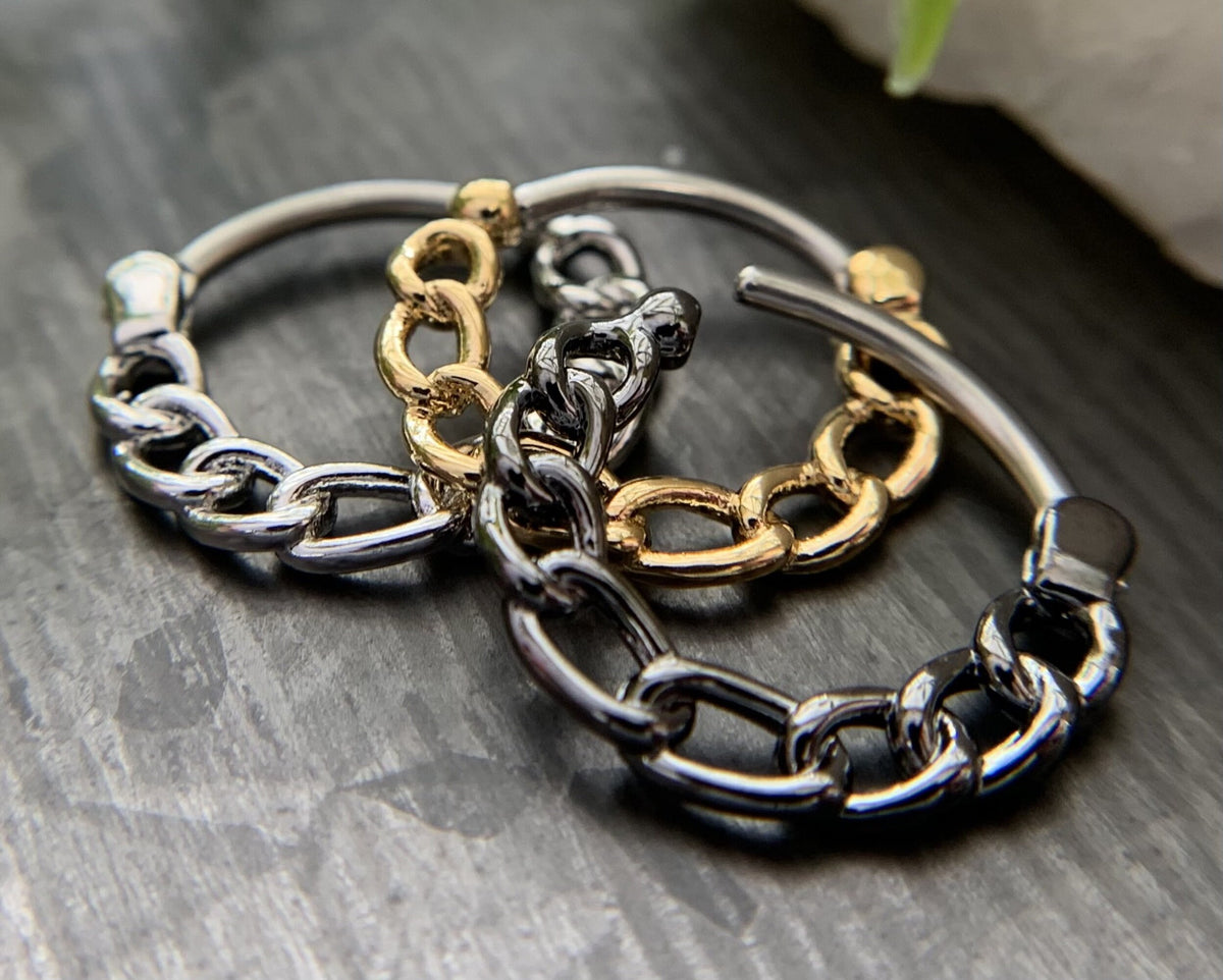 1 Piece Unique Chain Surgical Steel Septum Clicker Nose Ring - 16g - Steel, Gold Plated and Hematite Plated Available!