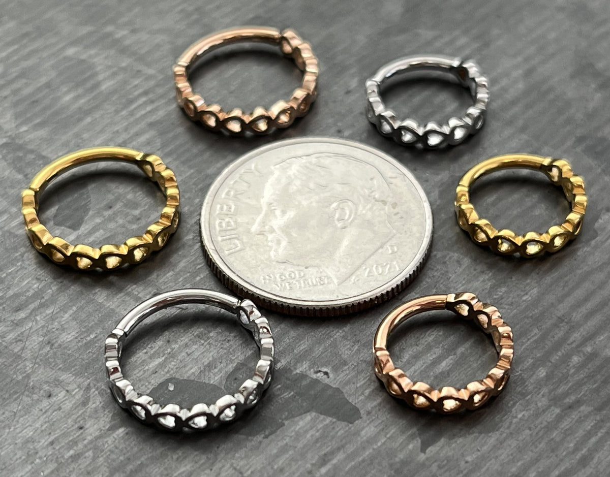 1 Piece Side Facing Hearts Surgical Steel Hinged Segment Ring - 16g - 8mm or 10mm Internal Diameter - Silver, Gold and Rose Gold Available!