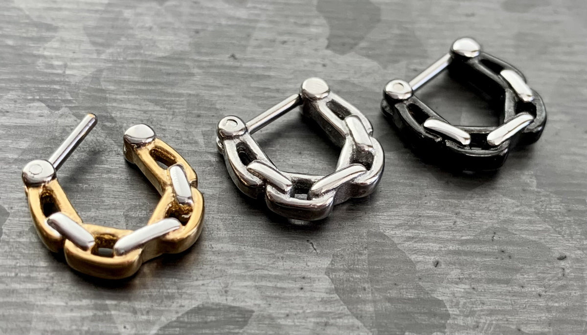 1 Piece Unique Linked Chain 100% Surgical Steel Septum Clicker Nose Ring - 16g or 14g - Steel, Gold and Black Available!