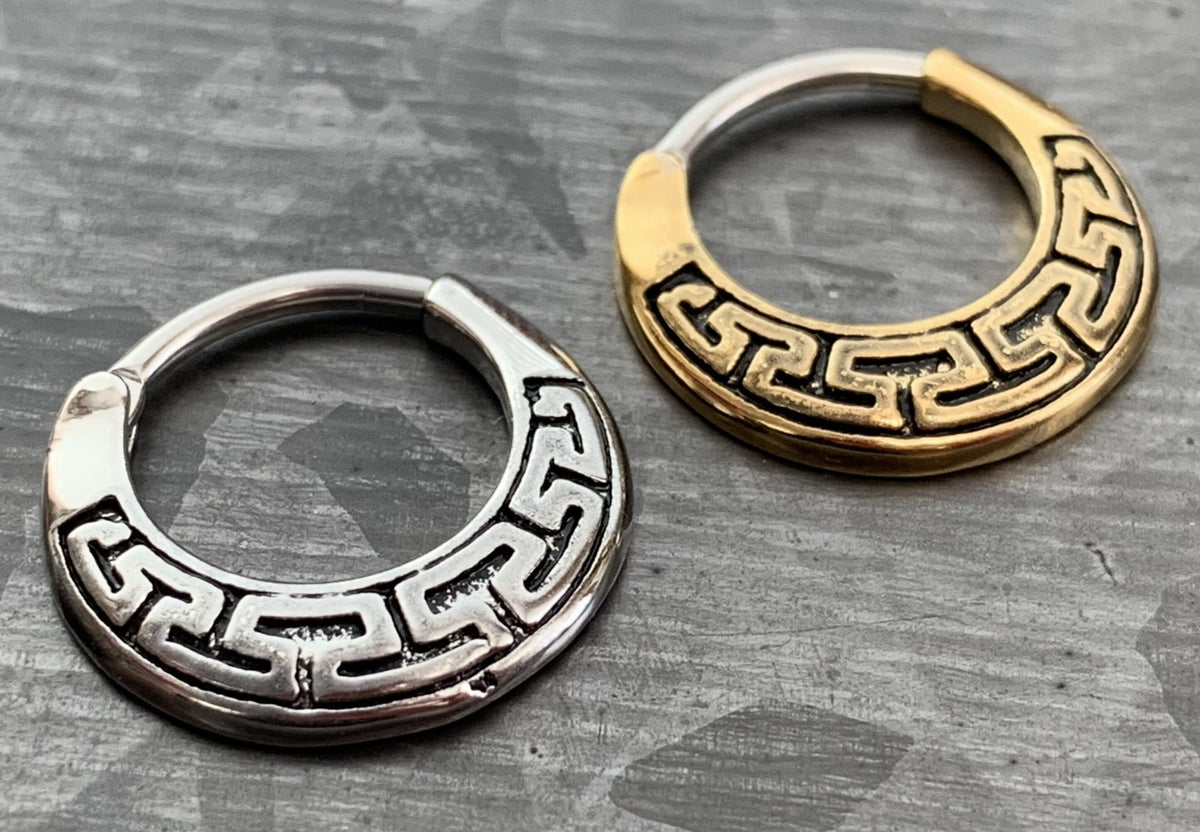 1 Piece Unique Maze Tribal Fan Surgical Steel Septum Clicker Ring - 16g - Antique Gold and Steel Available!