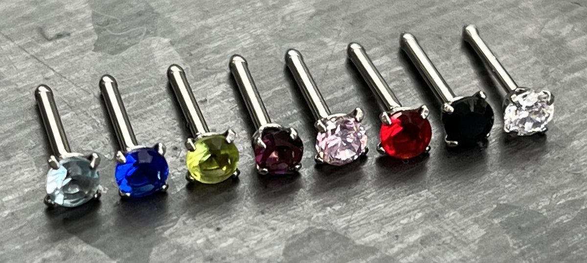 1 Beautiful Prong Set CZ Round Gem Nose Stud / Bone 316L Surgical Steel Ring - 20g or 18g - 8 Different Colors Available!