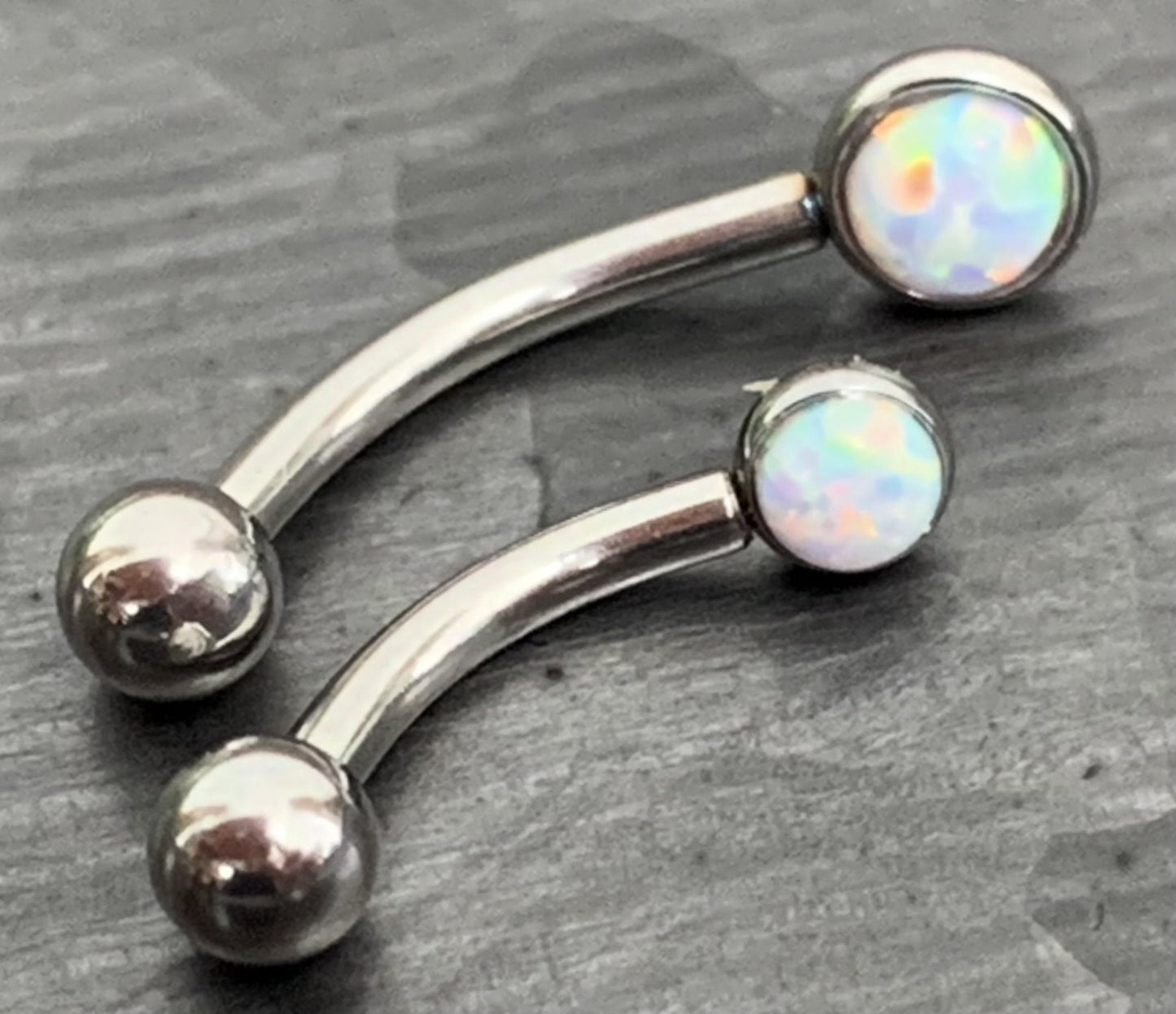 1 Piece Stunning Flat Back Set 3mm Opal Curved Barbell Eyebrow Ring - 16g - Blue, Purple, White, Gold, Rose Gold and Multi-Color Available!