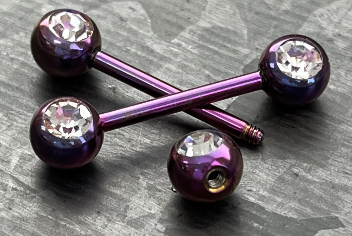 PAIR of Beautiful Titanium Anodized Double Clear CZ Gem Industrial Barbell Nipple Rings - 14g - 8 Different Colors Available!