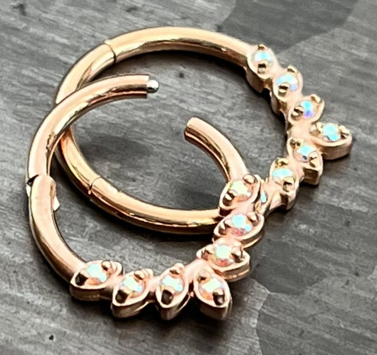 1 Piece Stunning Seven CZ Gem Leaves Steel Hinged Segment Ring - 16g - 8mm or 10mm Internal Diameter - Black, Gold, Rose Gold and Silver!