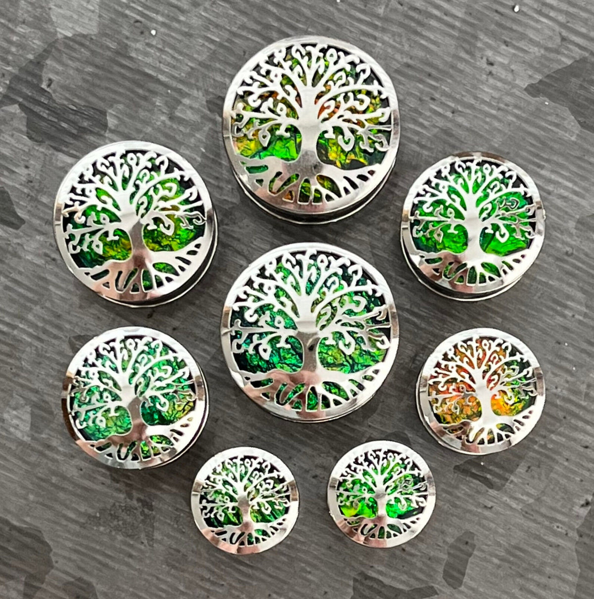 PAIR of Stunning Green Opal Glitter Tree of Life Steel Screw Fit Tunnels/Plugs - Gauges 0g (8mm) thru 5/8" (16mm) available!