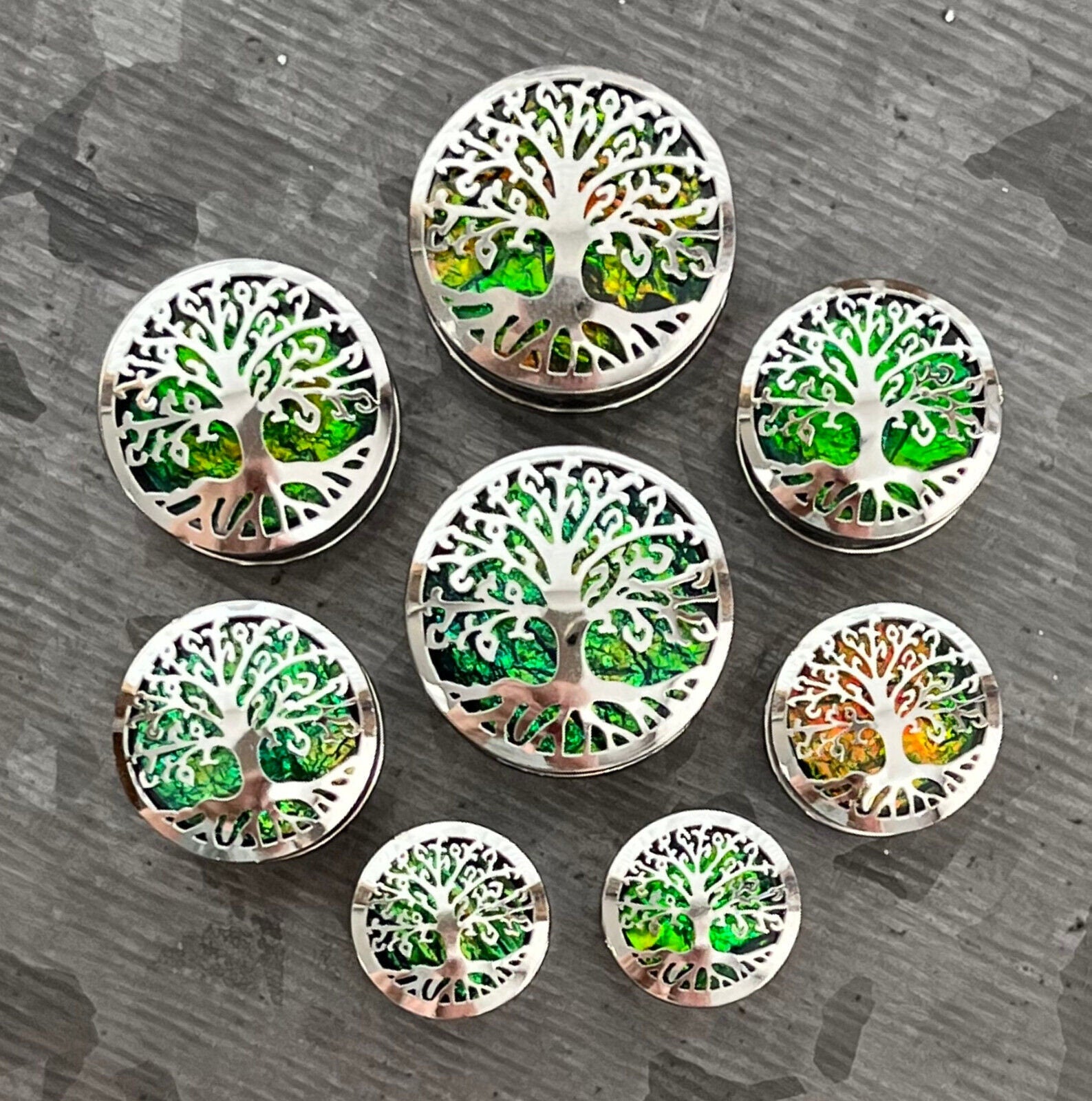 PAIR of Stunning Green Opal Glitter Tree of Life Steel Screw Fit Tunnels/Plugs - Gauges 0g (8mm) thru 5/8" (16mm) available!
