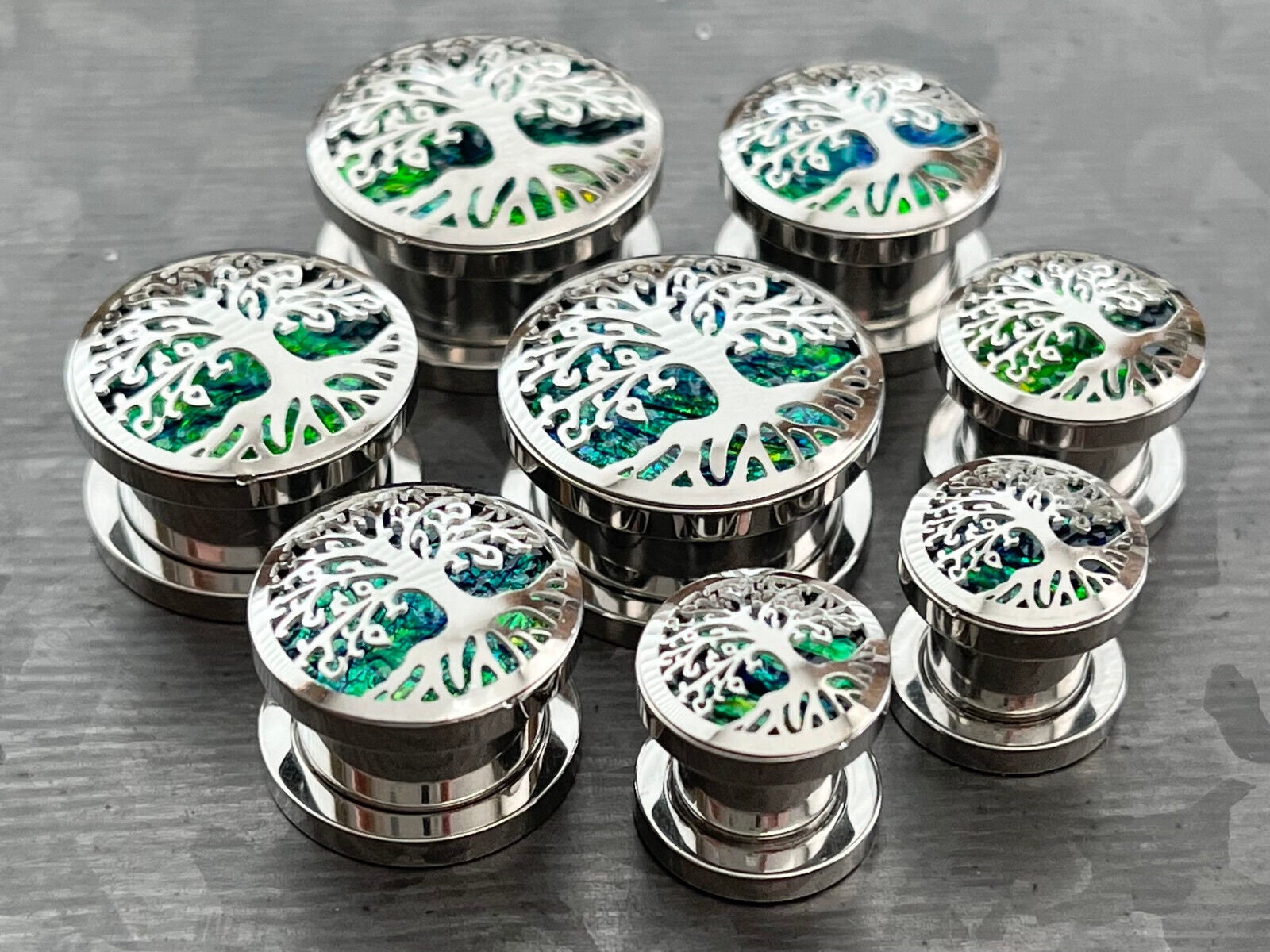 PAIR of Stunning Green Opal Glitter Tree of Life Steel Screw Fit Tunnels/Plugs - Gauges 0g (8mm) thru 5/8" (16mm) available!