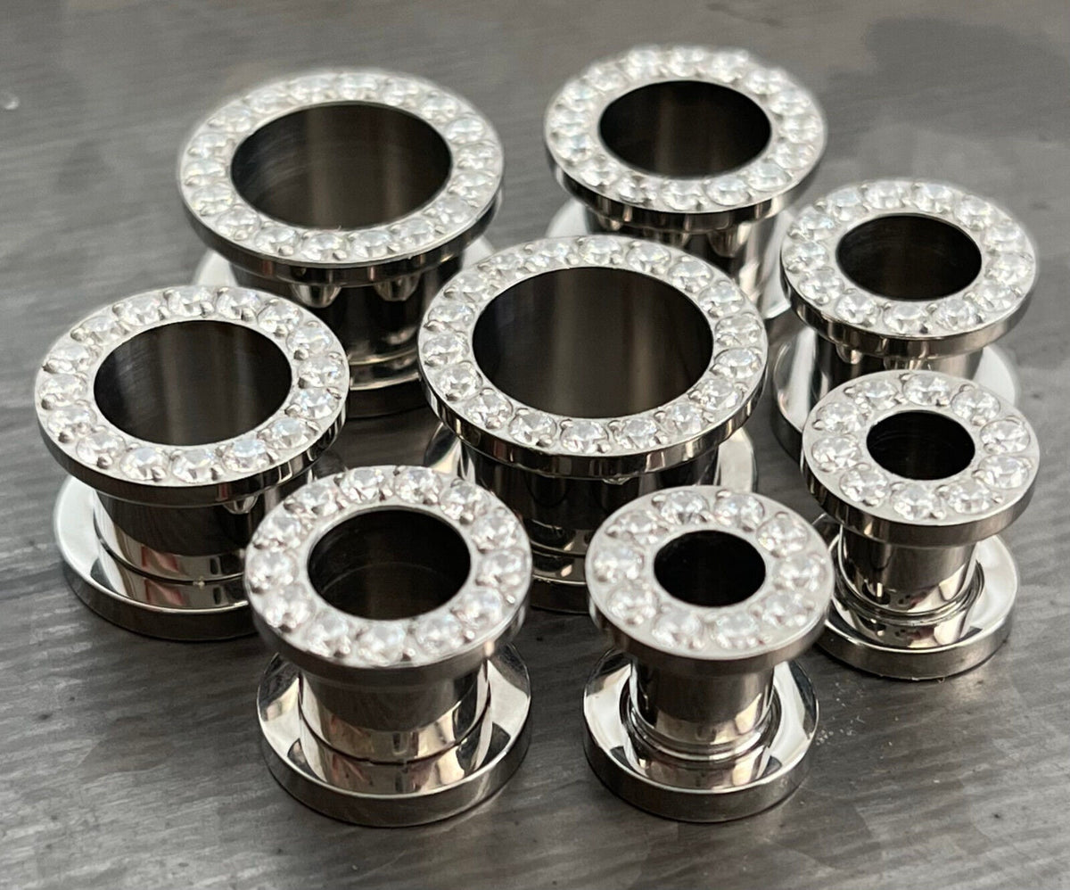 PAIR of Stunning CZ Rimmed Solid Implant Grade Titanium Screw Fit Tunnels/Plugs - Gauges 2g (6mm) thru 1/2" (12mm) available!