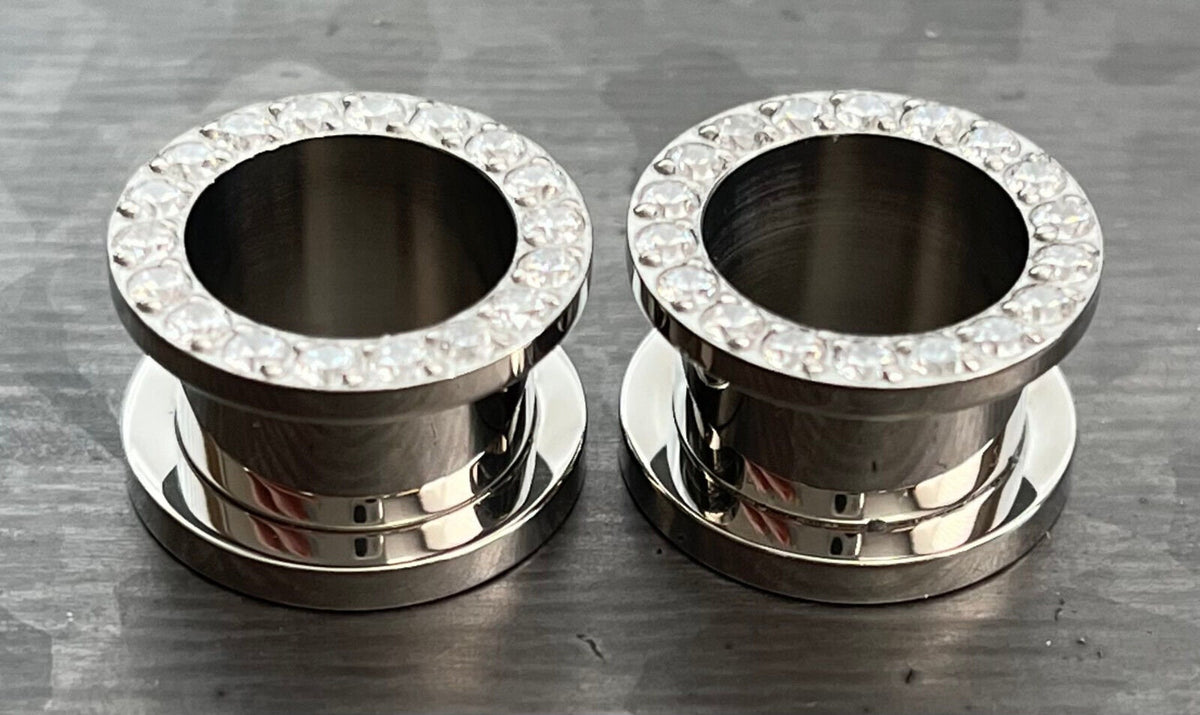 PAIR of Stunning CZ Rimmed Solid Implant Grade Titanium Screw Fit Tunnels/Plugs - Gauges 2g (6mm) thru 1/2" (12mm) available!