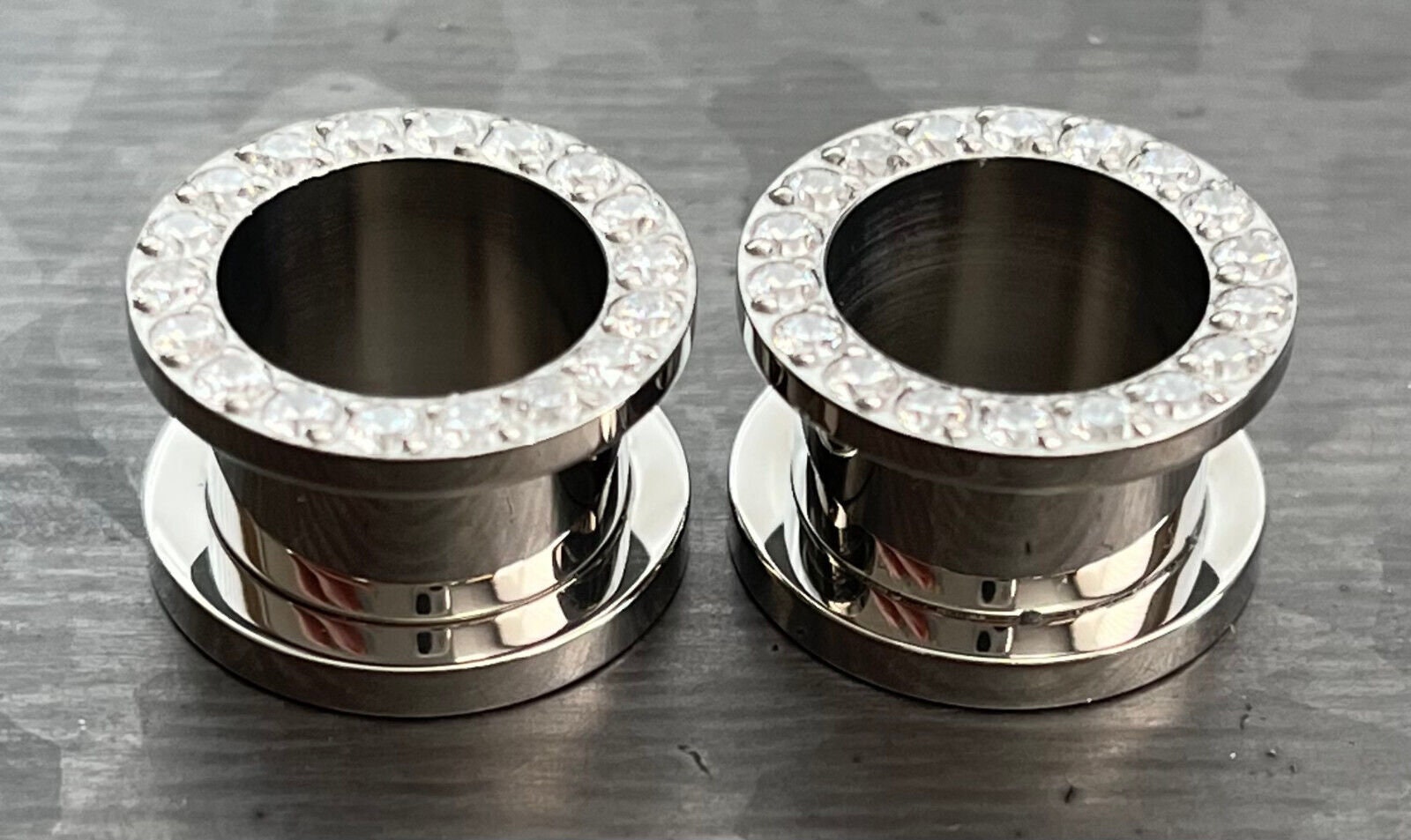 PAIR of Stunning CZ Rimmed Solid Implant Grade Titanium Screw Fit Tunnels/Plugs - Gauges 2g (6mm) thru 1/2" (12mm) available!