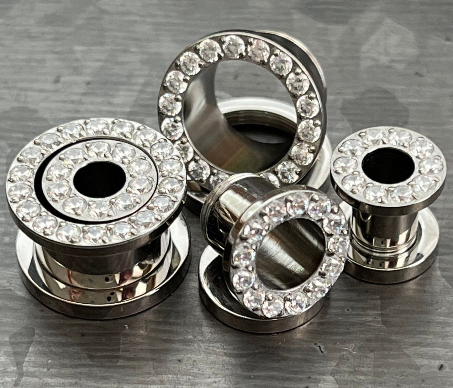 PAIR of Stunning CZ Rimmed Solid Implant Grade Titanium Screw Fit Tunnels/Plugs - Gauges 2g (6mm) thru 1/2" (12mm) available!