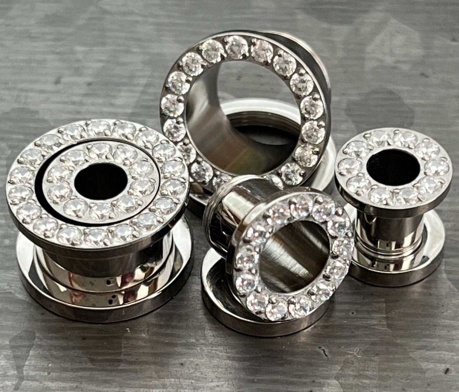 PAIR of Stunning CZ Rimmed Solid Implant Grade Titanium Screw Fit Tunnels/Plugs - Gauges 2g (6mm) thru 1/2" (12mm) available!