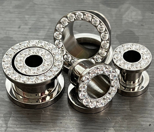 PAIR of Stunning CZ Rimmed Solid Implant Grade Titanium Screw Fit Tunnels/Plugs - Gauges 2g (6mm) thru 1/2" (12mm) available!