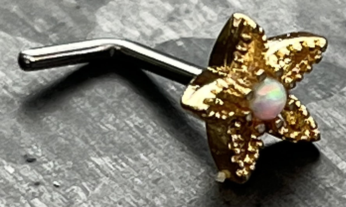 1 Piece Unique Opal Center Flower L-Bend 316L Surgical Steel Nose Ring/Stud - 16g - Steel, Gold and Rose Gold Available!
