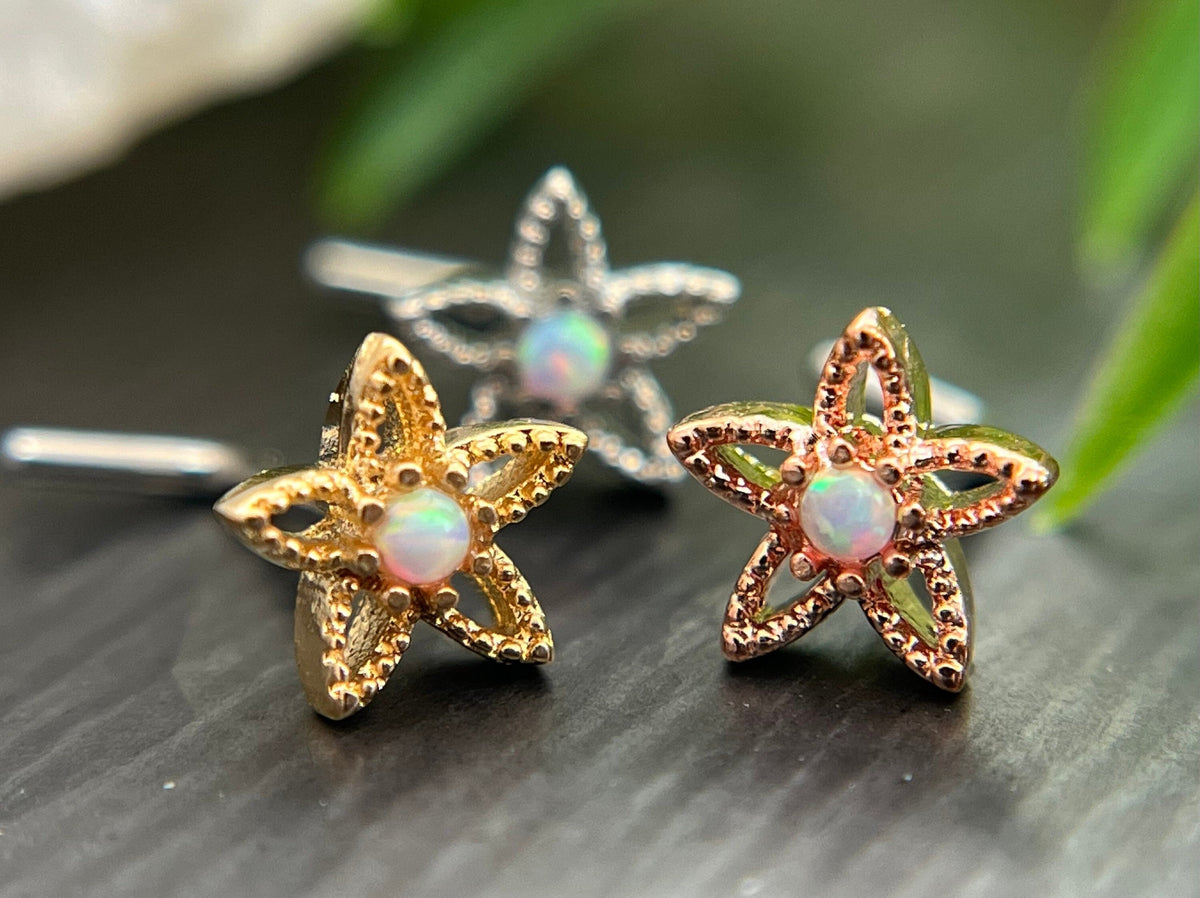 1 Piece Unique Opal Center Flower L-Bend 316L Surgical Steel Nose Ring/Stud - 16g - Steel, Gold and Rose Gold Available!