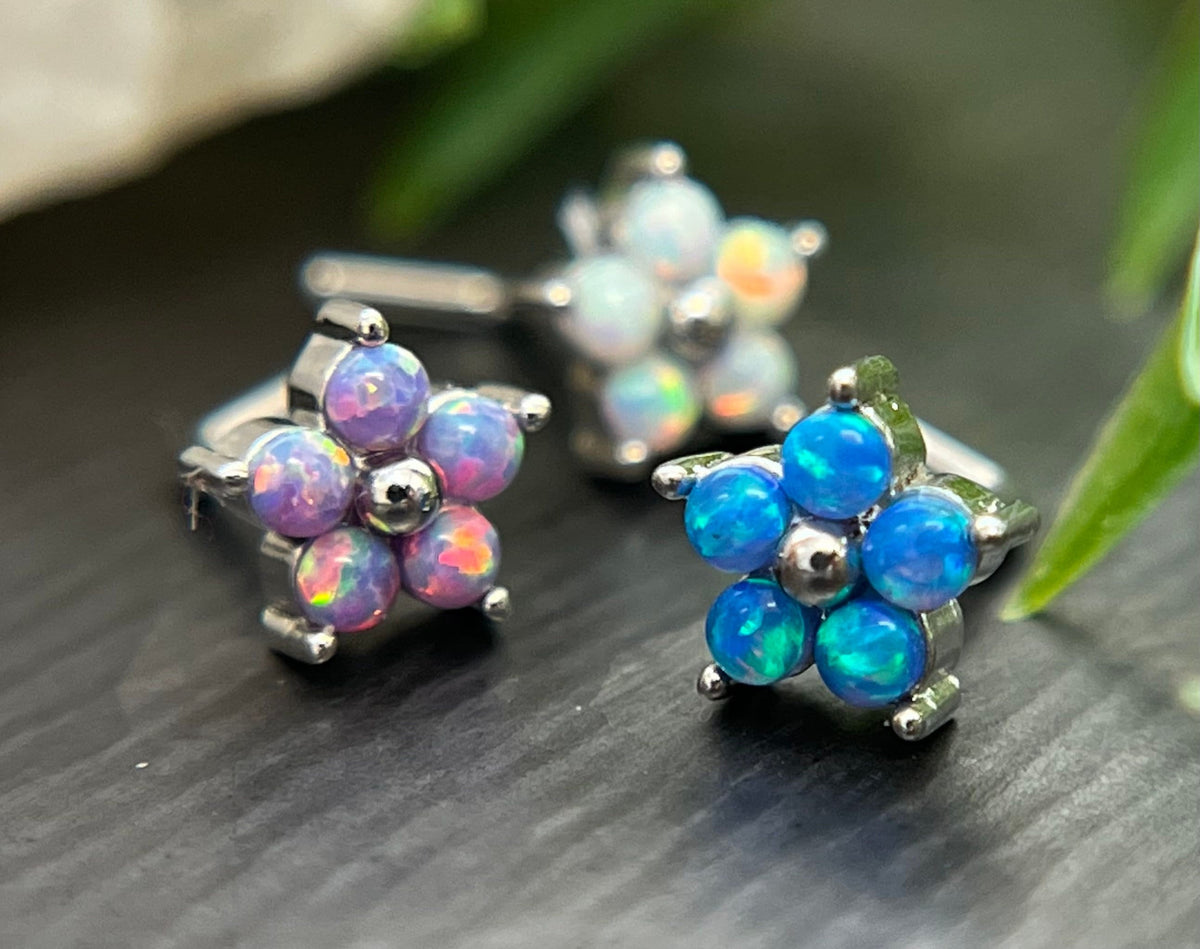 1 Piece Stunning 5 Opal Petals Flower L-Bend 316L Surgical Steel Nose Ring/Stud - 16g - Blue, Purple and White Available!