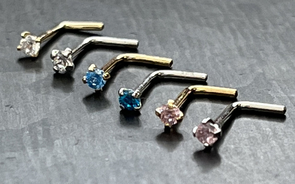 1 Piece Brilliant 14kt Yellow or White Gold L-Bend Nose Ring/ Stud with Round CZ Gem - 20g - Aqua, Clear and Pink Available!
