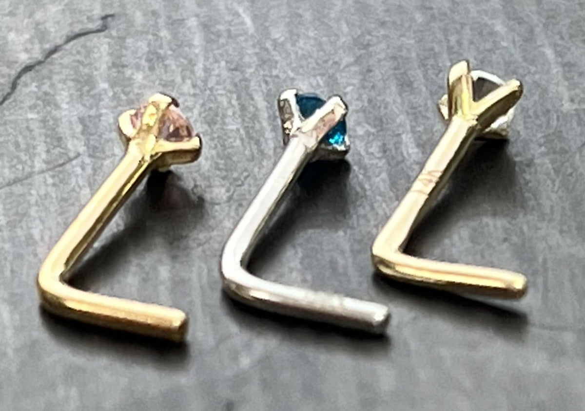 1 Piece Brilliant 14kt Yellow or White Gold L-Bend Nose Ring/ Stud with Round CZ Gem - 20g - Aqua, Clear and Pink Available!
