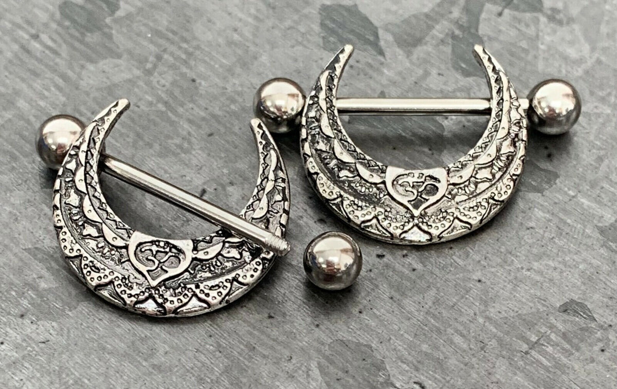 PAIR of Unique Gothic Tribal Design Steel Nipple Barbell Shields - Barbell 14g, 19mm (3/4") - Wearable Length: 14mm (9/16")!