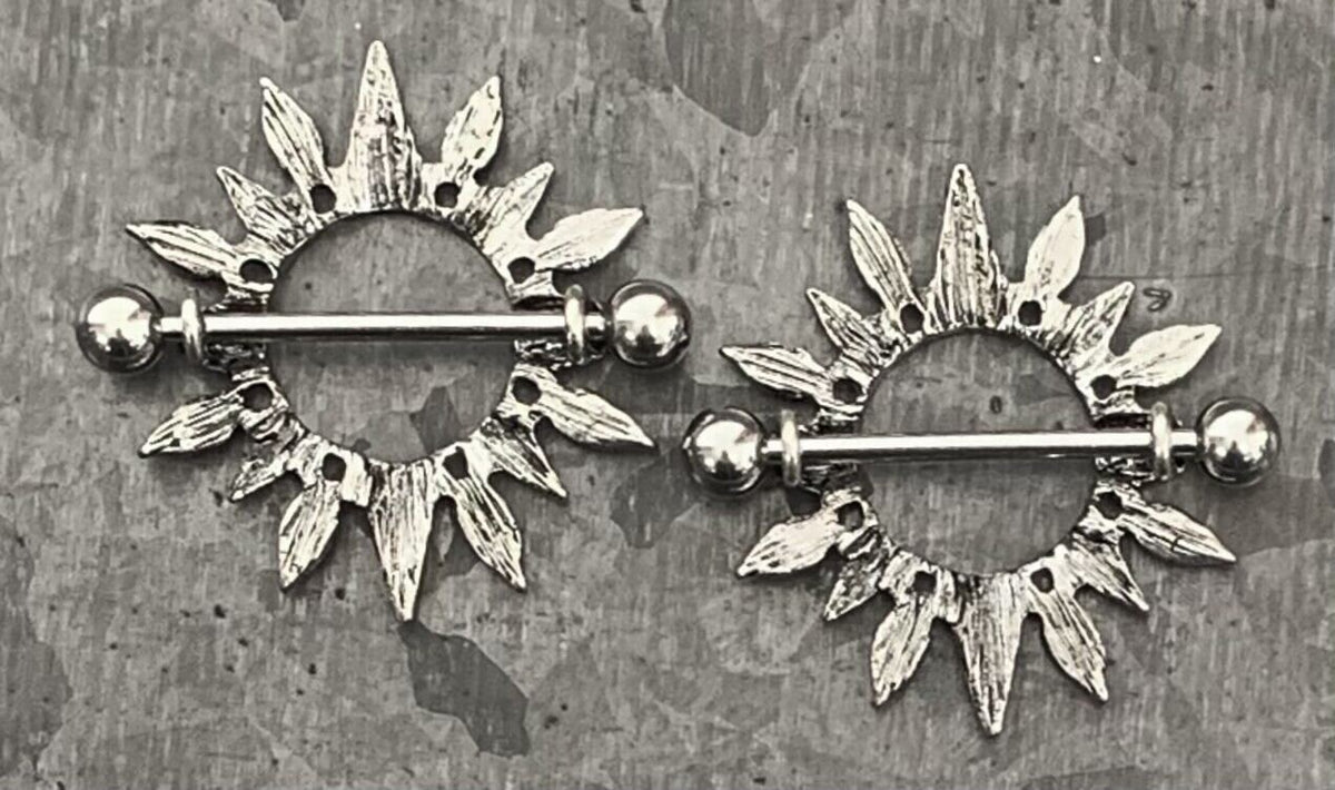 PAIR of Unique Tribal Sunburst Design Steel Nipple Barbell Shields - Barbell 14g, 24mm (1") - Wearable Length: 14mm (9/16")!