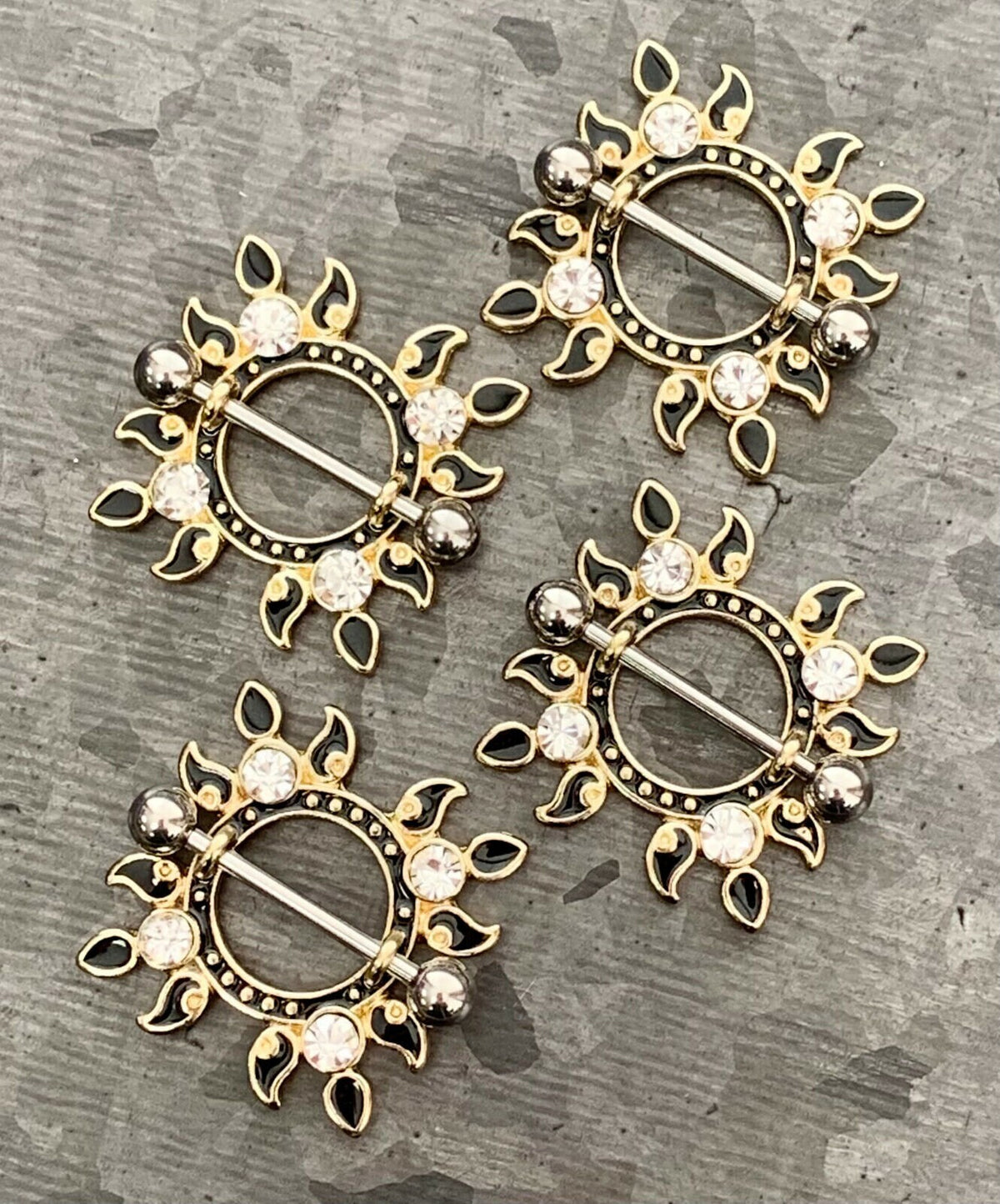 PAIR of Flaming Sunburst Design Steel Nipple Shields / Barbell - 14g, 19mm (3/4") - 12.5mm (1/2") Wearable Length!