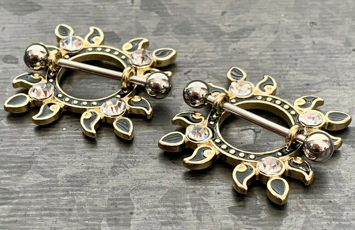 PAIR of Flaming Sunburst Design Steel Nipple Shields / Barbell - 14g, 19mm (3/4") - 12.5mm (1/2") Wearable Length!