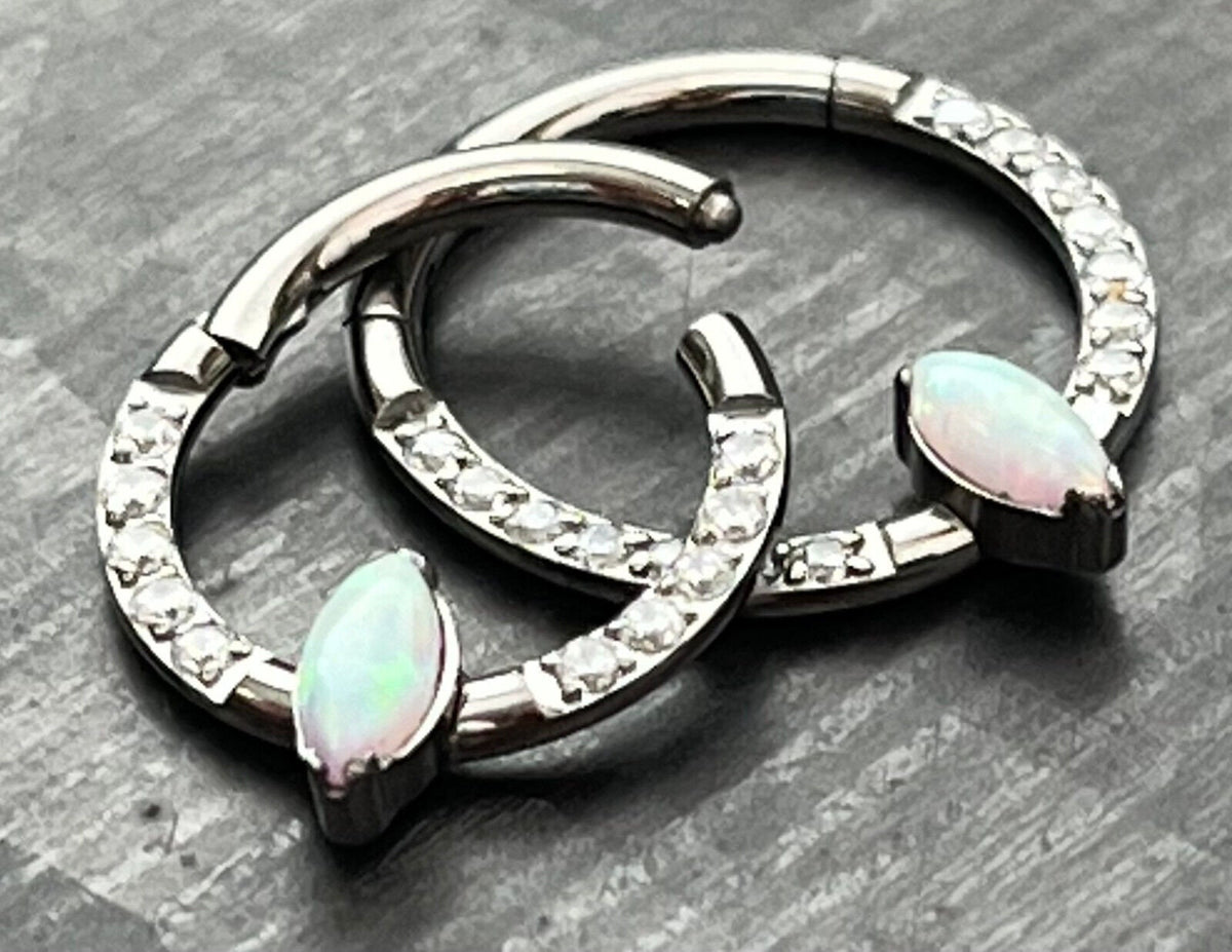 1 Piece Solid Titanium Marquise Hinged Segment Septum Ring - CZ Gem or Opal - 16g, Diameter 10mm or 8mm available!