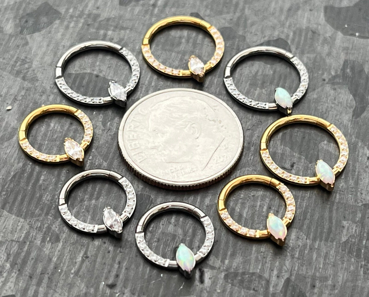 1 Piece Solid Titanium Marquise Hinged Segment Septum Ring - CZ Gem or Opal - 16g, Diameter 10mm or 8mm available!