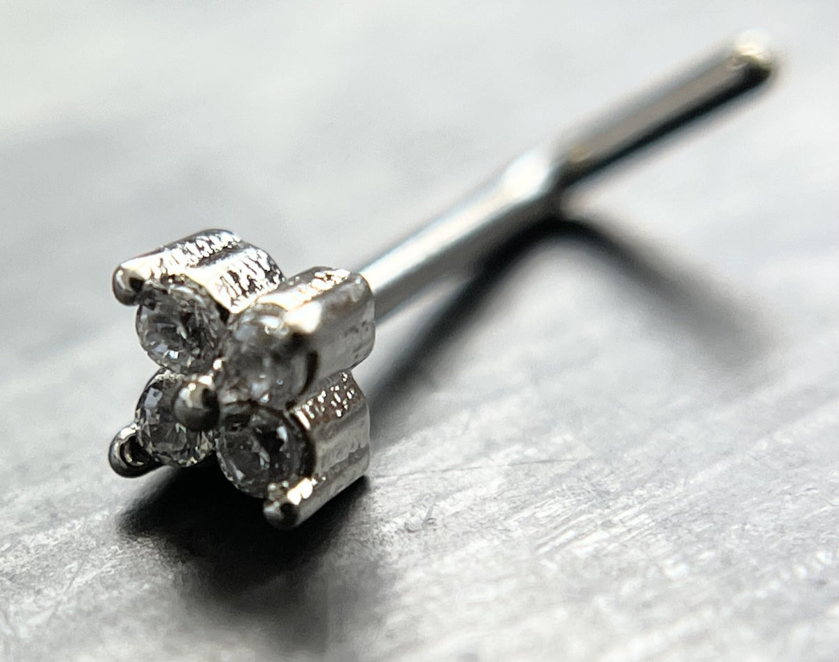 1 Piece Brilliant Four CZ Gem Set Square Design Surgical Steel L-Bend Nose Stud - 20g - 6mm Wearable Length - 3mm Top Design:)