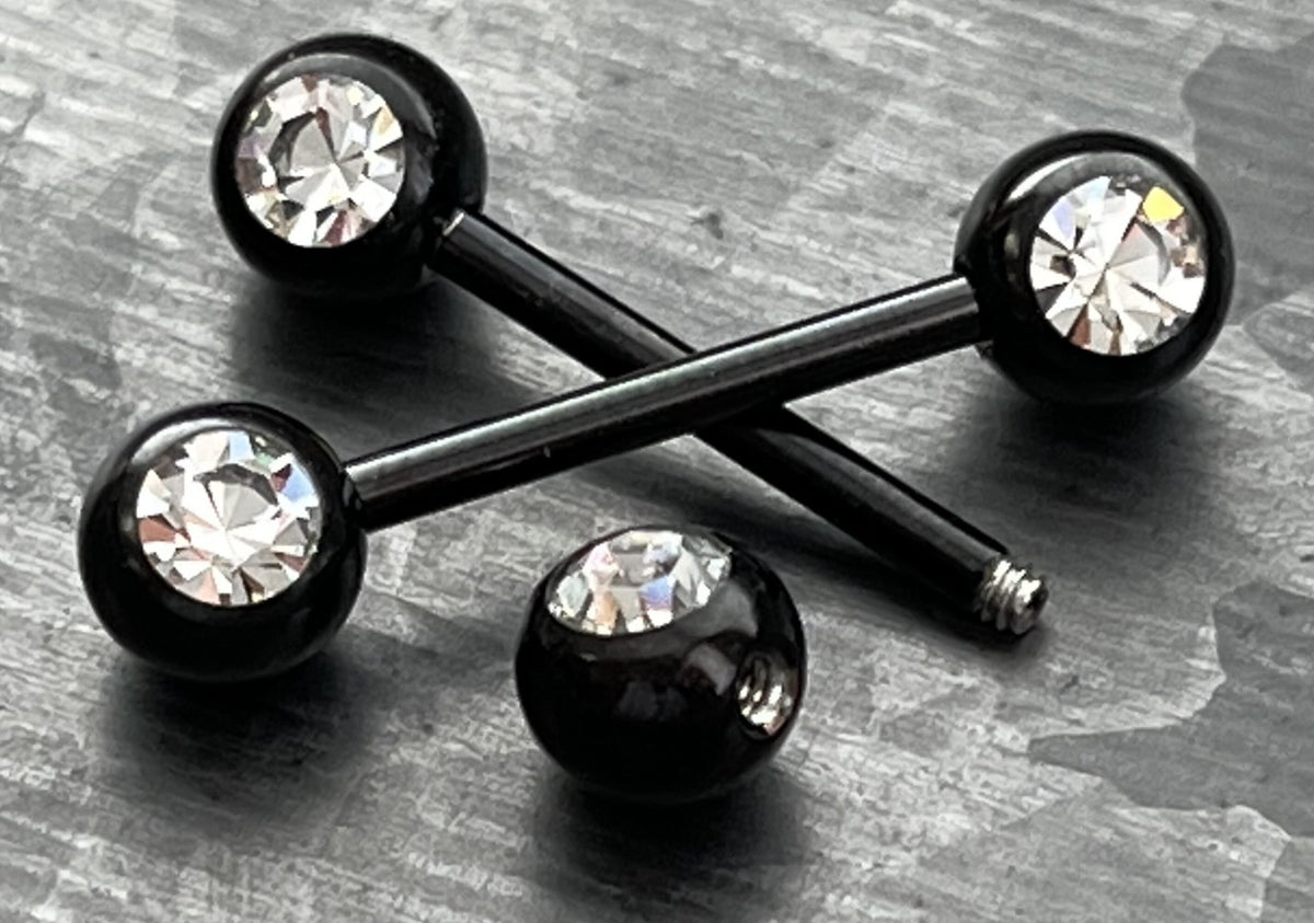 PAIR of Beautiful Titanium Anodized Double Clear CZ Gem Industrial Barbell Nipple Rings - 14g - 8 Different Colors Available!