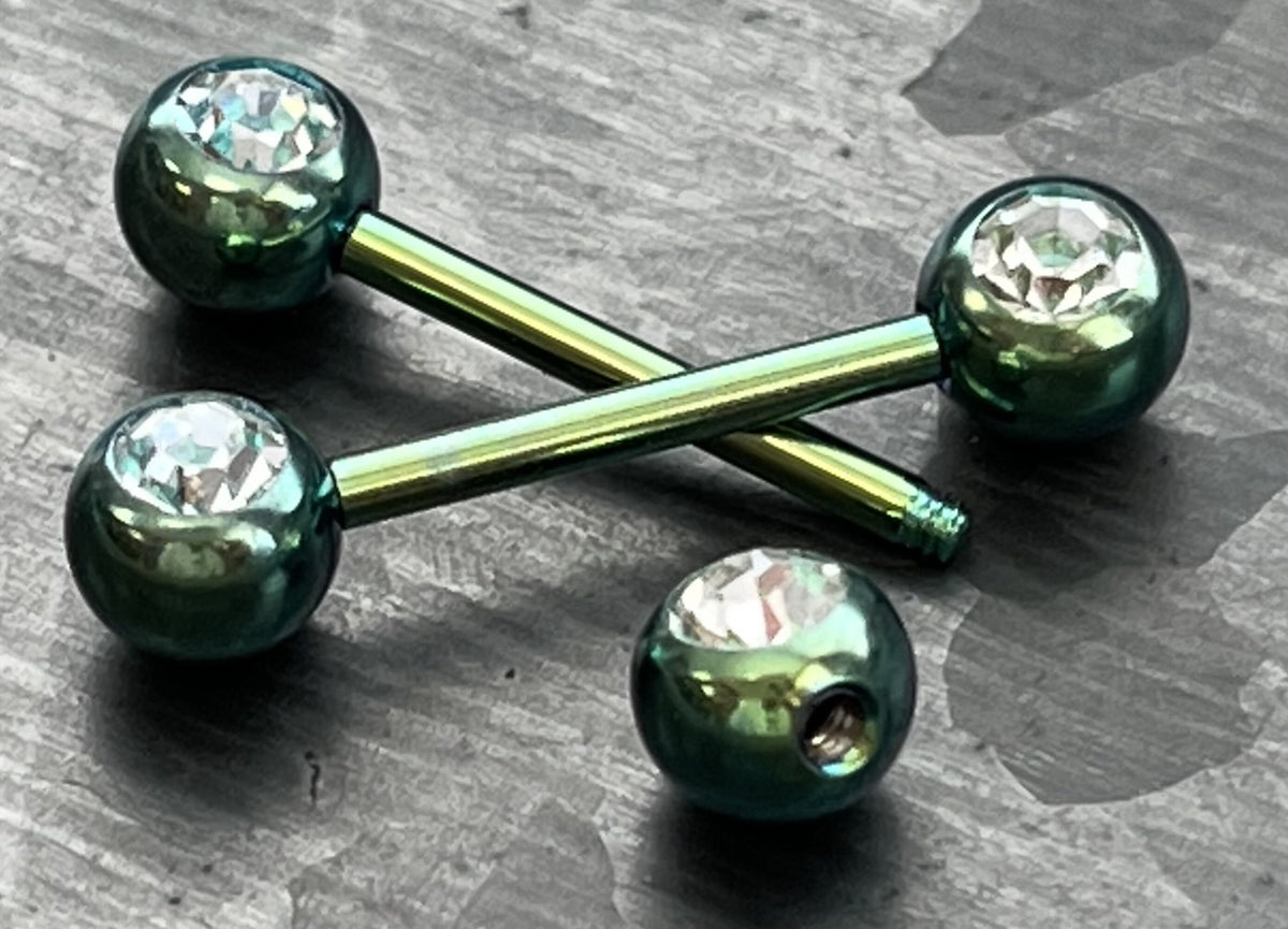 PAIR of Beautiful Titanium Anodized Double Clear CZ Gem Industrial Barbell Nipple Rings - 14g - 8 Different Colors Available!