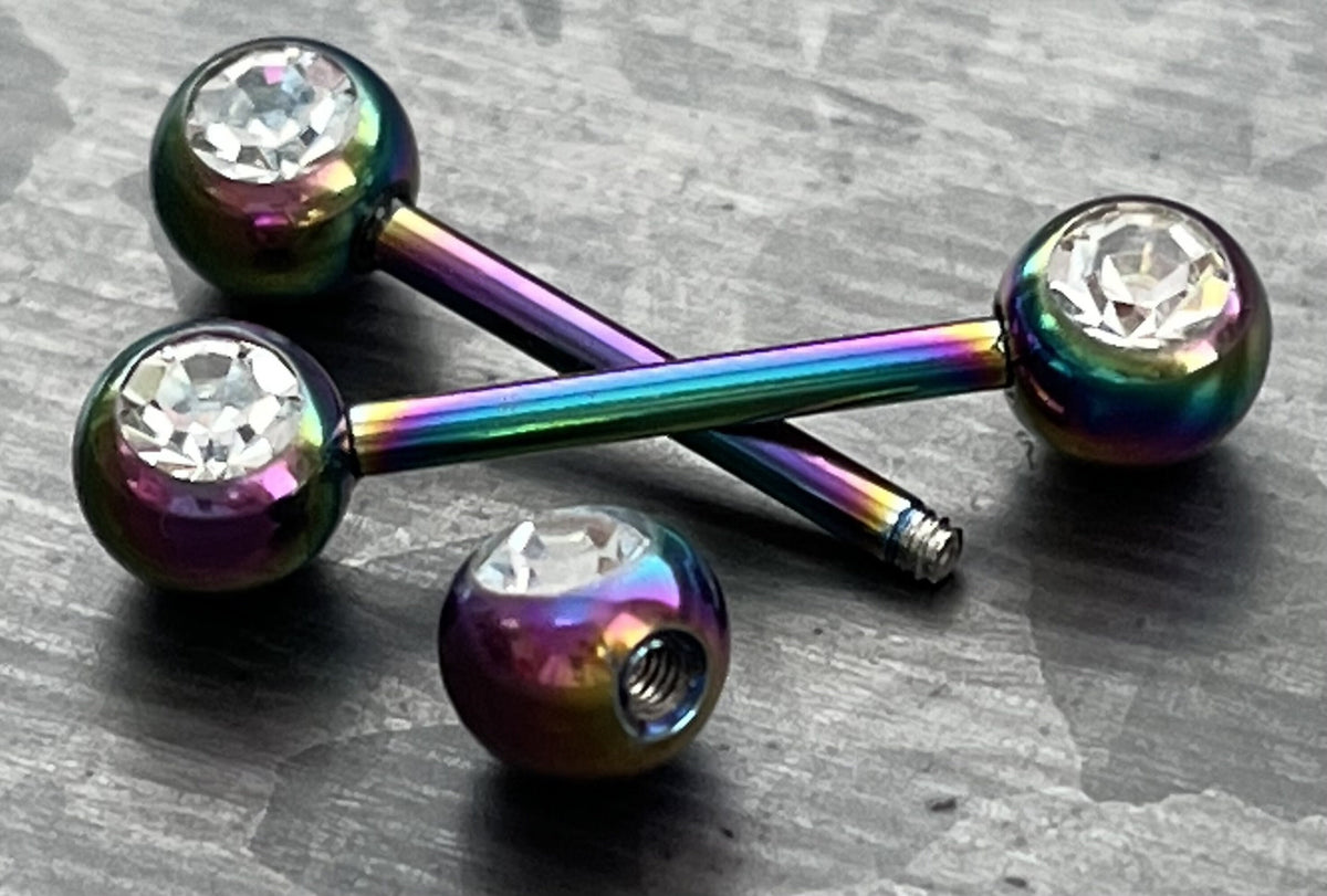 PAIR of Beautiful Titanium Anodized Double Clear CZ Gem Industrial Barbell Nipple Rings - 14g - 8 Different Colors Available!