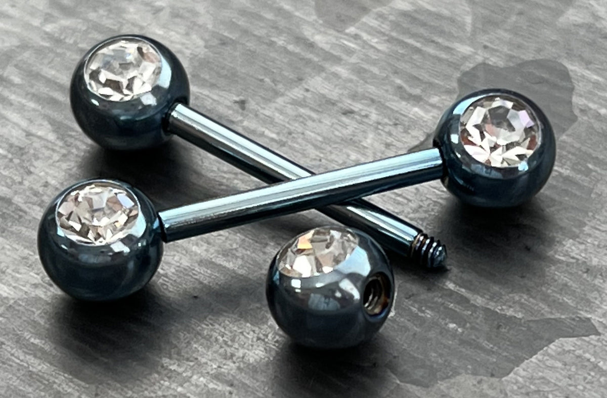PAIR of Beautiful Titanium Anodized Double Clear CZ Gem Industrial Barbell Nipple Rings - 14g - 8 Different Colors Available!