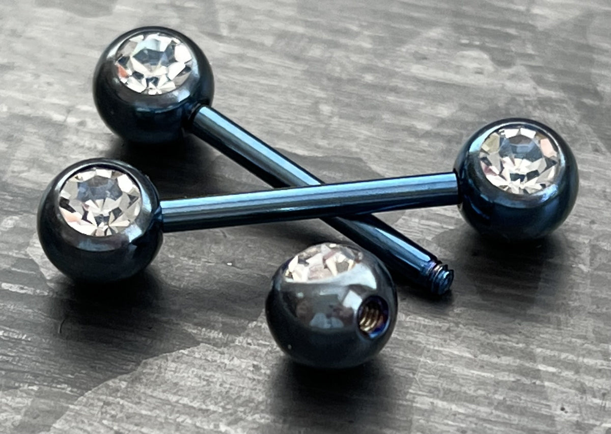 PAIR of Beautiful Titanium Anodized Double Clear CZ Gem Industrial Barbell Nipple Rings - 14g - 8 Different Colors Available!