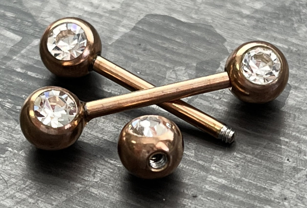 PAIR of Beautiful Titanium Anodized Double Clear CZ Gem Industrial Barbell Nipple Rings - 14g - 8 Different Colors Available!