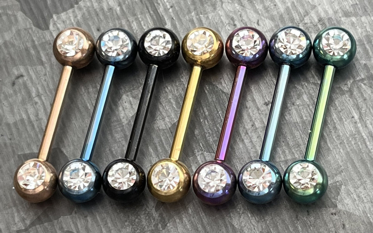 PAIR of Beautiful Titanium Anodized Double Clear CZ Gem Industrial Barbell Nipple Rings - 14g - 8 Different Colors Available!