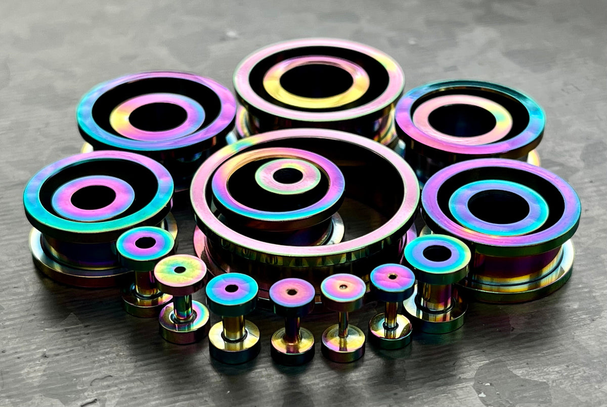 PAIR of Brilliant Rainbow PVD Plated 316L Steel Screw Fit Tunnels/Plugs - Gauges 16g (1.2mm) thru 1&3/16" (30mm) available!