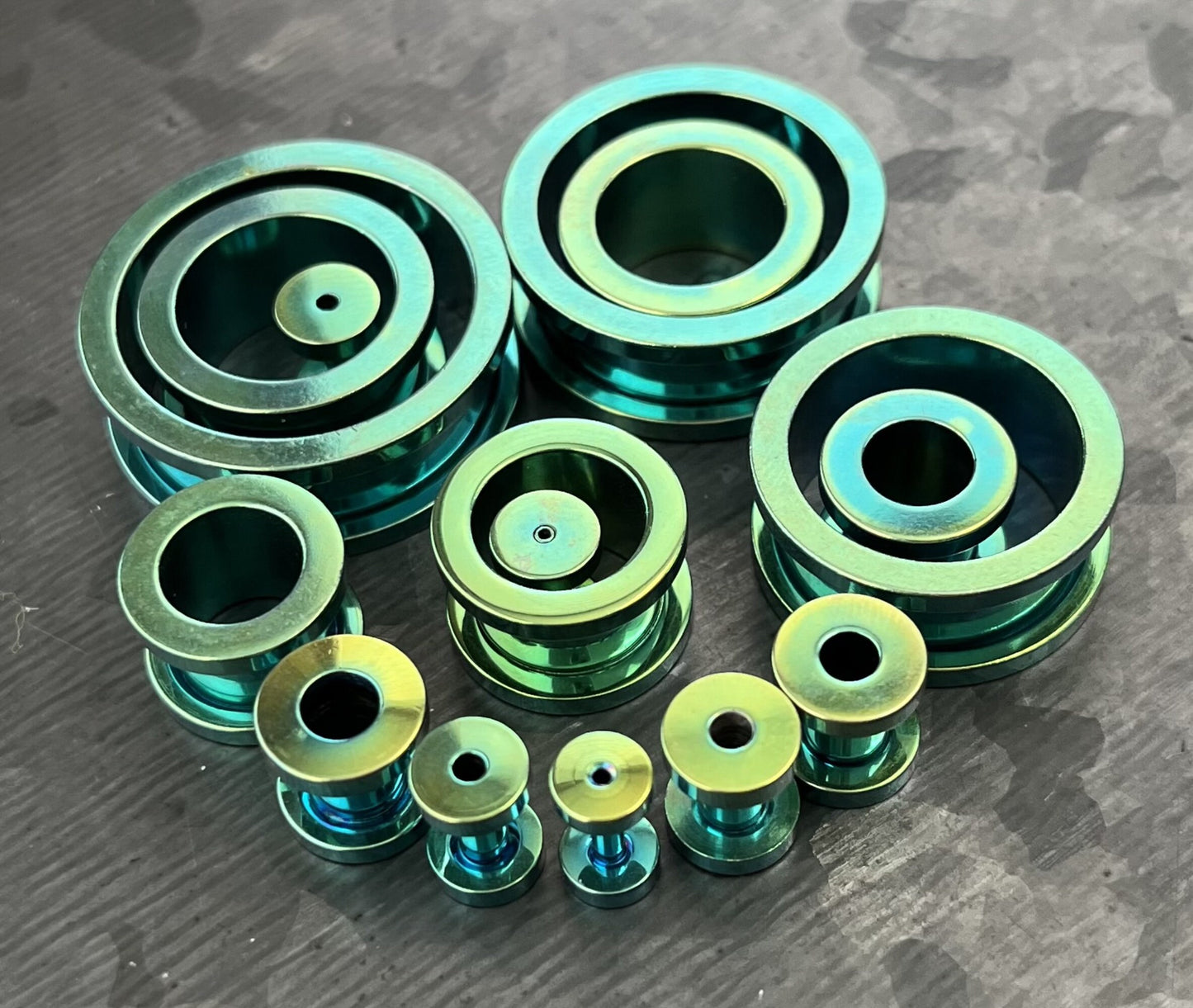 PAIR of Stunning Green PVD Plated 316L Steel Screw Fit Tunnels/Plugs - Gauges 14g (1.6mm) thru 1" (25mm) available!
