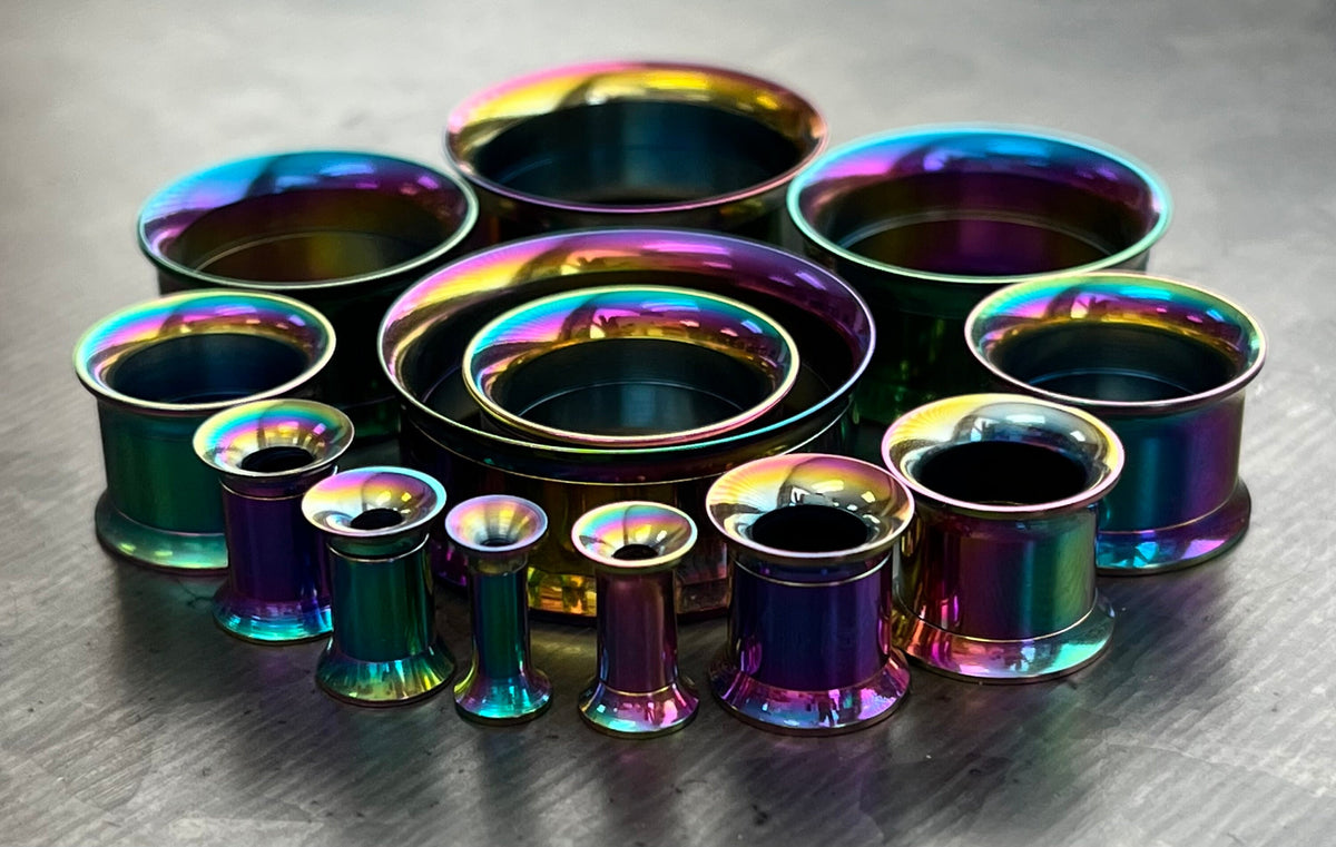 PAIR of Beautiful Rainbow PVD Plated 316L Surgical Steel Internally Threaded Tunnels/Plugs - Gauges 8g (3mm) thru 1" (25mm) available!