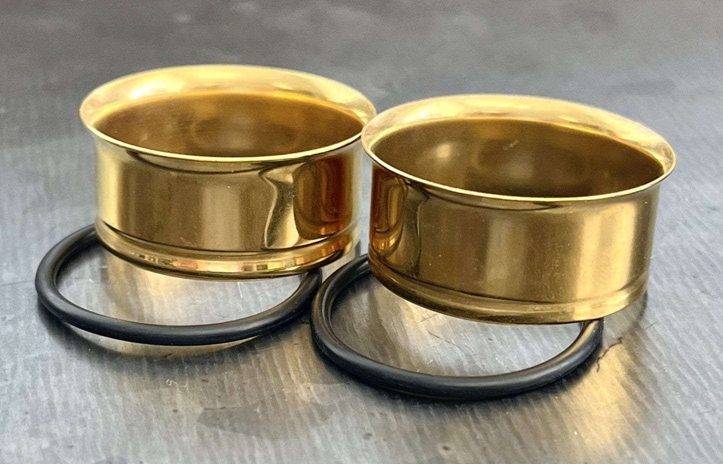 PAIR of Stunning Gold PVD Plated 316L Surgical Steel Single Flare Tunnels/Plugs with O-Rings - Gauges 12g (2mm) thru 1" (25mm) available!