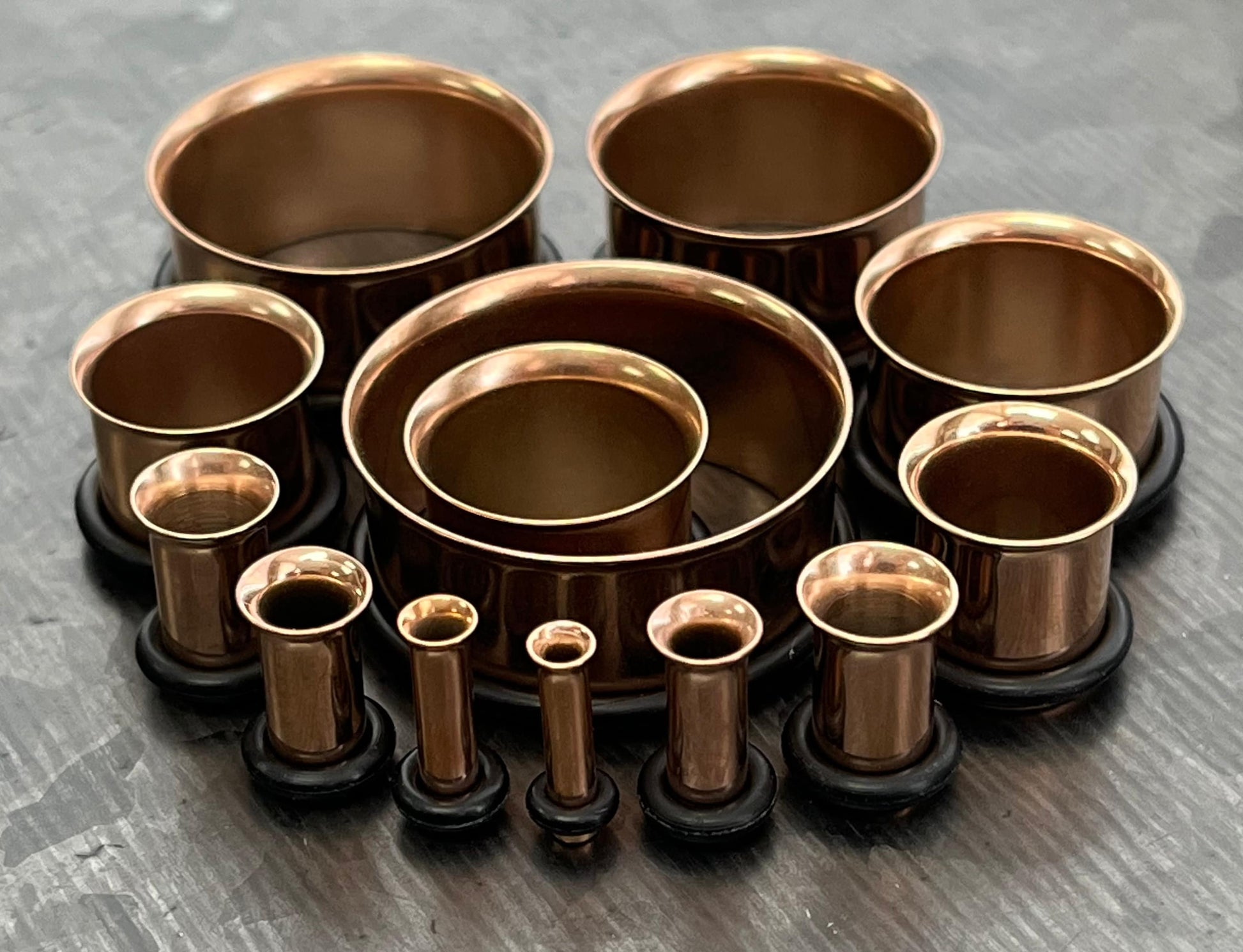 PAIR of Rose Gold PVD Plated 316L Surgical Steel Single Flare Tunnels/Plugs with O-Rings - Gauges 10g (2.5mm) thru 1" (25mm) available!