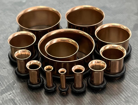 PAIR of Rose Gold PVD Plated 316L Surgical Steel Single Flare Tunnels/Plugs with O-Rings - Gauges 10g (2.5mm) thru 1" (25mm) available!