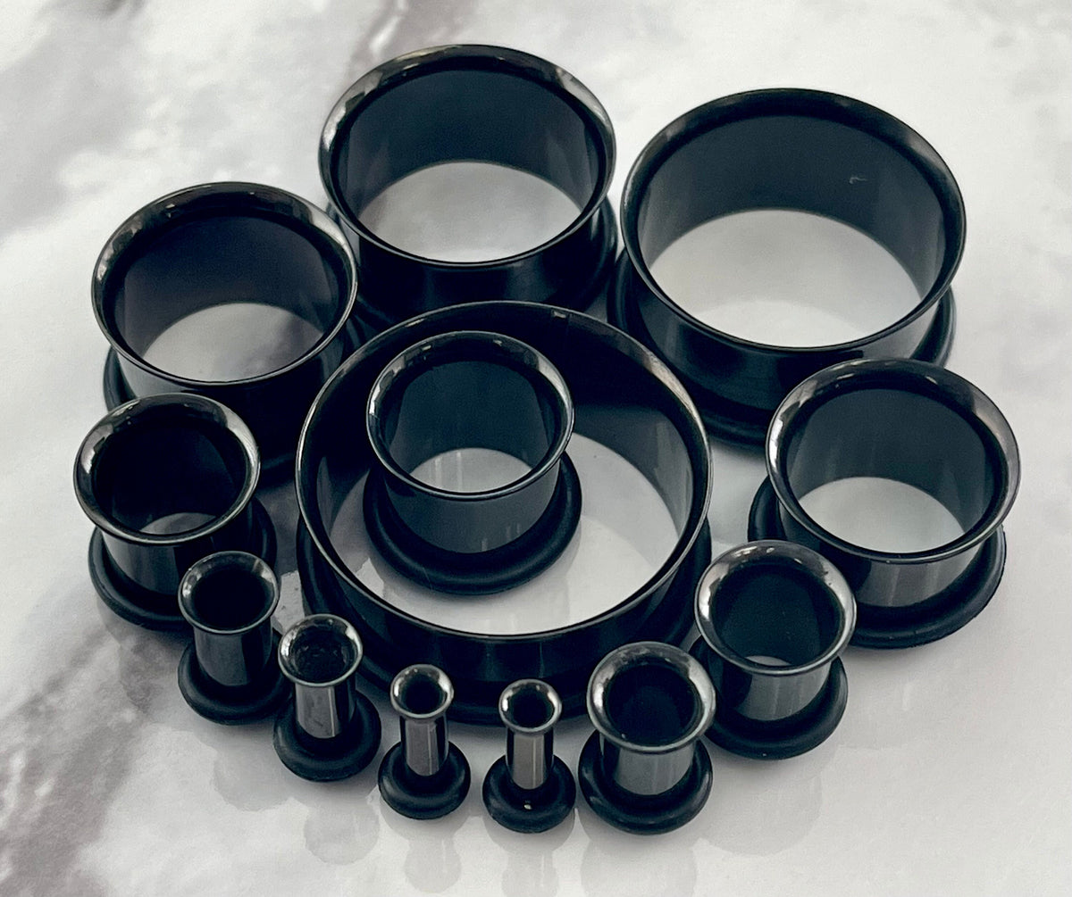 PAIR of Unique Black PVD Plated 316L Surgical Steel Single Flare Tunnels/Plugs with O-Rings - Gauges 10g (2.6mm) thru 1" (25mm) available!