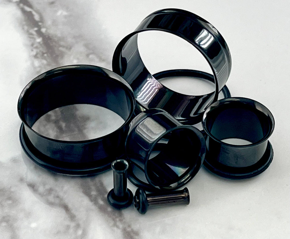 PAIR of Unique Black PVD Plated 316L Surgical Steel Single Flare Tunnels/Plugs with O-Rings - Gauges 10g (2.6mm) thru 1" (25mm) available!