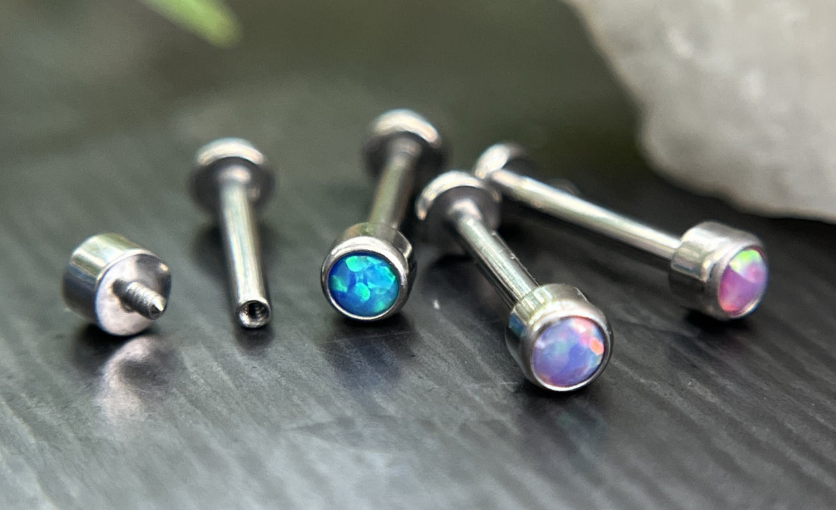 1 Piece of Stunning Bezel Set Opal Internally Threaded Solid Titanium Labret Stud Lip Ring - 16g - Blue, Pink, Purple and White Available!